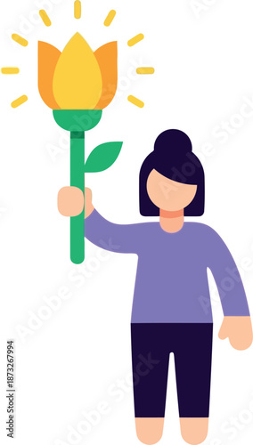 Women's Day celebration illustration with woman holding bright flower, empowerment and appreciation concept