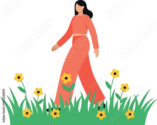 Confident Woman Walking in Nature for International Womens Day Celebration, Modern Flat Illustration