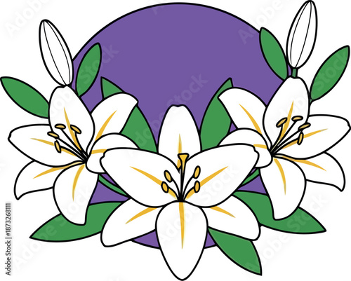 Elegant White Lily Flowers with Purple Circle for Women's Day Celebration, Floral Vector Art