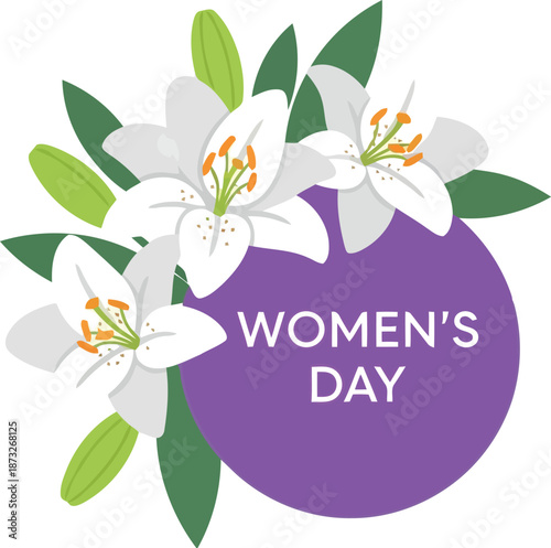 Elegant Women's Day Floral Illustration with White Lilies and Purple Circle for Celebration Designs