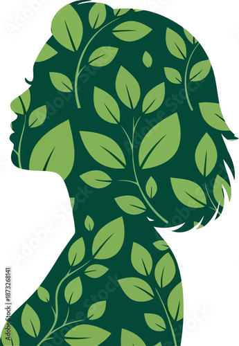 Women's Day Eco Silhouette Illustration with Green Leaves for Empowerment and Nature Themes