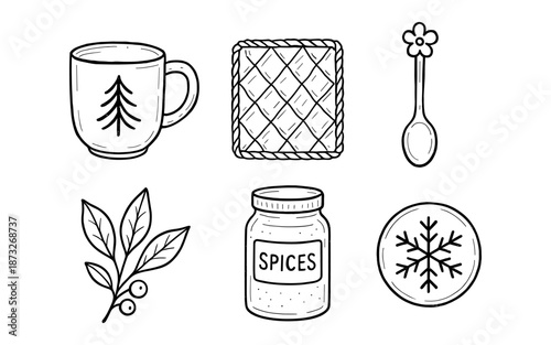 Hand-drawn collection of cozy winter and kitchen icons in black and white