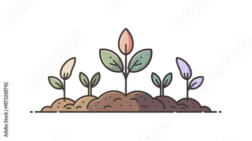Young plants flourishing in a mound of soil, symbolizing growth.