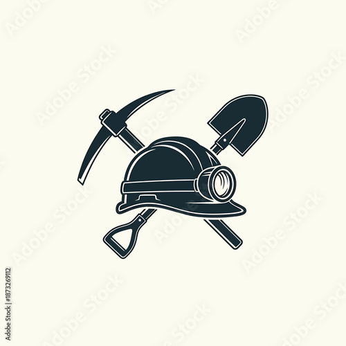 Miner's Safety Equipment Illustration Featuring Helmet and Tools