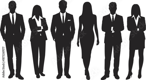 Business People Silhouettes in Professional Attire on White Background Keywords: business people, silhouette, men, women, suits