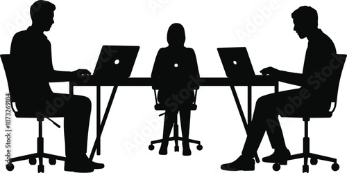 Business people working on laptops at desks in silhouette on white background Keywords: business, people, silhouette, working