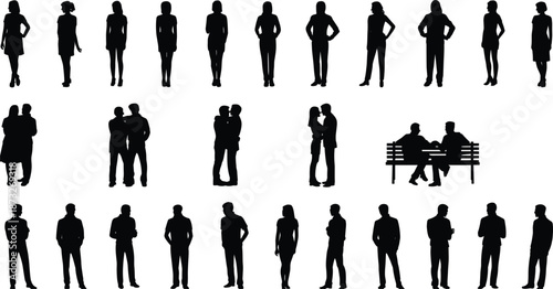 Collection of diverse human silhouettes in various poses on white background people group