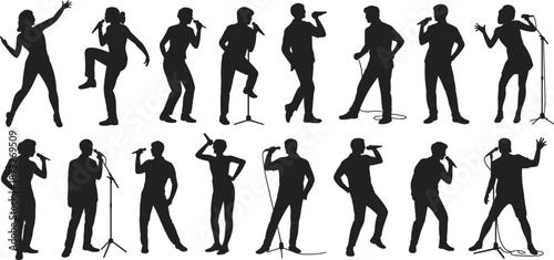 Diverse Silhouettes of Singers Performing with Microphones and Stands Keywords: singer, singing, performance, microphone, music