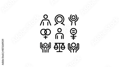 A collection of minimalistic icons representing various societal concepts.