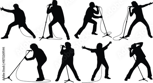 Dynamic rock singer silhouettes performing with microphones on white background Keywords: singer, rock, music, performance