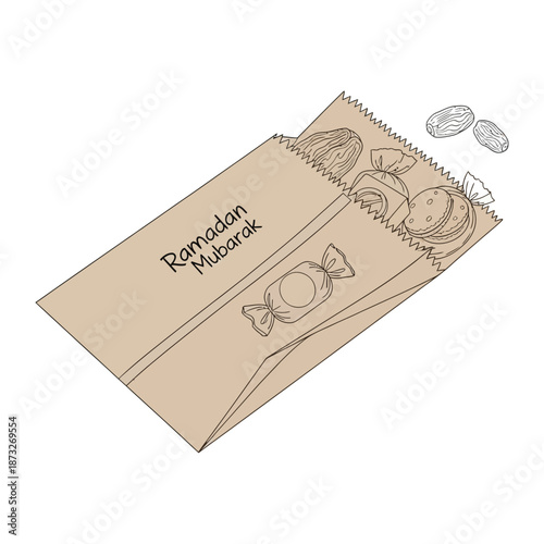 Ramadan Mubarak Gift Bag Illustration: A meticulously drawn illustration showcases a charming gift bag filled with traditional treats, evoking the spirit of Ramadan.