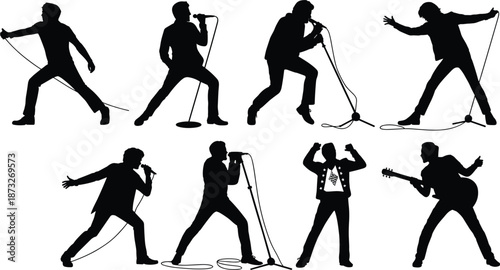Eight diverse rock star silhouettes performing with microphones and guitar Keywords: singer, rock, music, performance