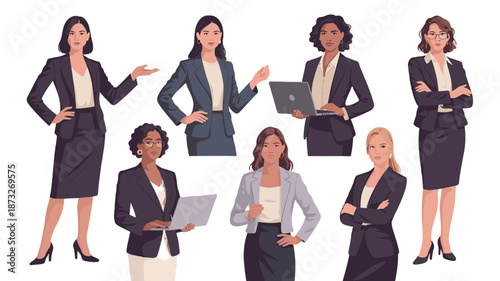 Diverse professional women in elegant attire and confident poses.