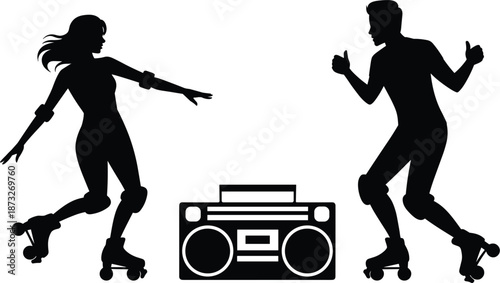 Silhouette couple roller skating with boombox on white background retro