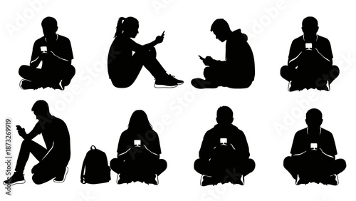 Silhouettes of diverse people sitting and using their mobile phones, isolated on a white background.