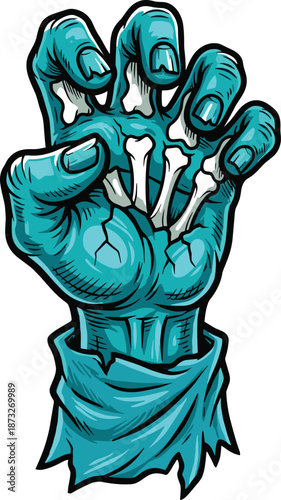 Blue zombie monster hand with exposed bones, horror claw pose, cartoon Halloween vector for spooky fantasy undead character design