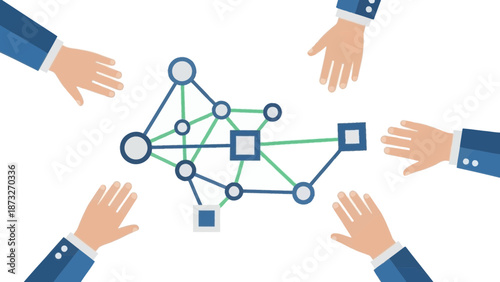 Hands surround a network diagram with nodes and connections.