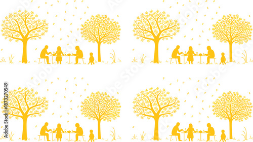 Yellow Silhouettes of Families Dining Outdoors Under Leafy Trees with Falling Petals family meal