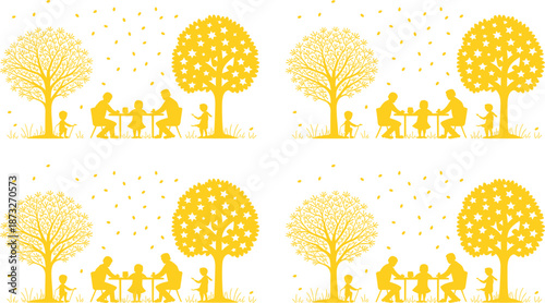 Yellow Silhouettes of Families Enjoying Outdoor Meals Under Starry Trees family picnic
