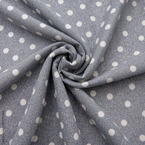 Gray Fabric With White Dots Arranged in a Swirling Pattern on a Flat Surface