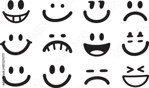 Hand-Drawn Smiley Face Expressions - Black and White Creative Doodles for Emotions and Fun Projects