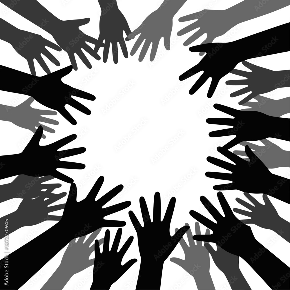 Fototapeta premium Black silhouetted hands reaching inward form a circle symbolizing unity demand support crowd pressure community and collective action