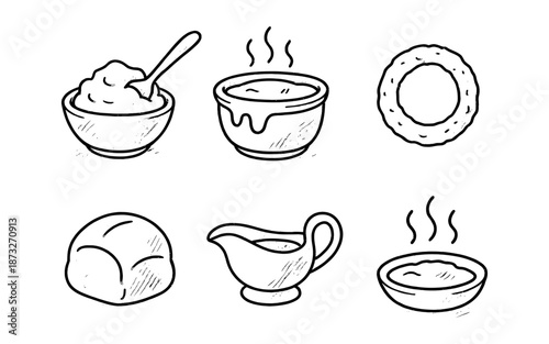 Hand-drawn icons of Thanksgiving dinner elements like mashed potatoes and gravy