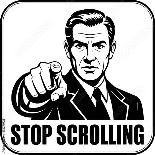 Faceless businessman holds cracked smartphone with bold stop scrolling message urging digital discipline focus awareness and healthier habits lifestyles