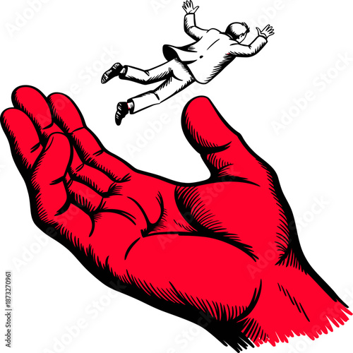 Powerful red fist strikes a falling man symbolizing oppression dominance violence injustice conflict authority abuse and social struggle themes