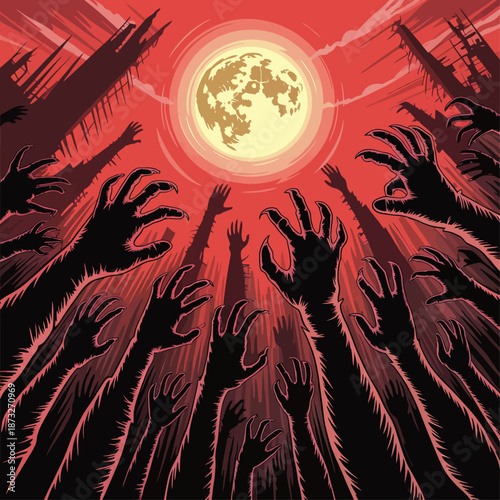 Dark silhouettes of reaching hands beneath a red moon among ruins symbolizing chaos desperation survival fear uprising and apocalypse