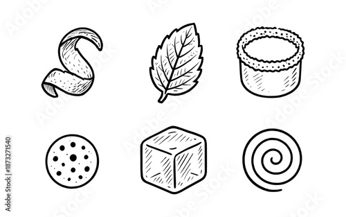 Hand-drawn icons of ingredients for cocktails and desserts