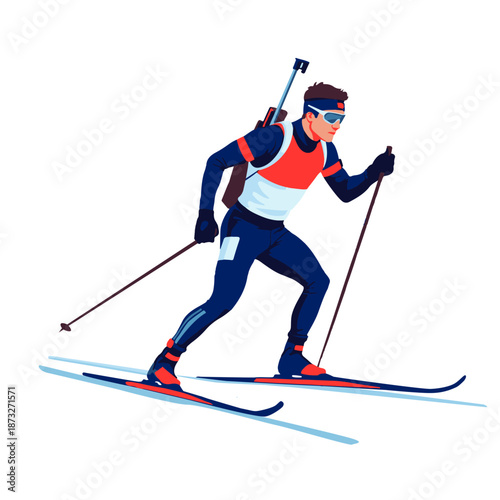 Biathlon racer, isolated vector illustration. Flat design illustration of a biathlon skier. Winter sports, front view.