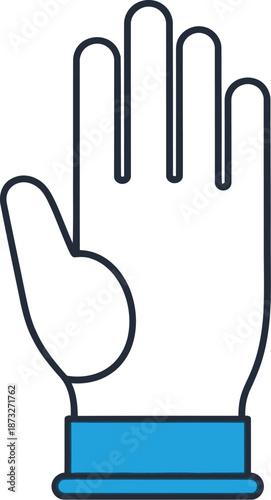 A hand with a blue cuff is raised in a gesture of silence