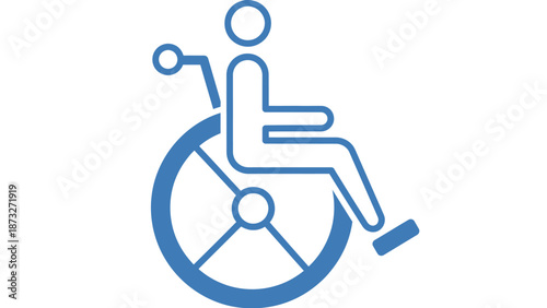 A blue icon of a person in a wheelchair on a white background