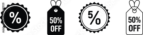 Modern black and white discount and sale icons, including percentage badges and '50% OFF' tags
