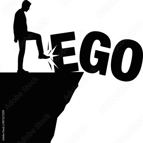Silhouette of a man kicking the word ego off a cliff, symbolizing humility, self control, and overcoming pride, growth.