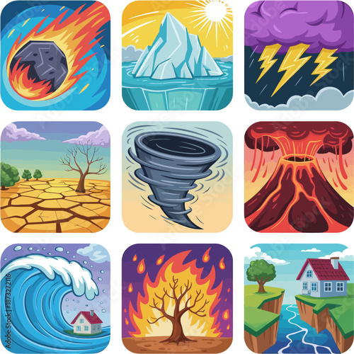 : Vertical illustration set showing diverse natural disasters across landscapes, including floods, volcanoes, earthquakes, tornadoes, storms, wildfires, and climate impacts.