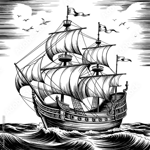 Detailed black and white line illustration of a historic sailing ship with full sails on ocean waves, evoking maritime adventure, exploration, and classic nautical craftsmanship.