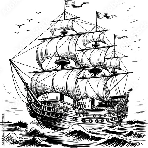 Detailed black and white line illustration of a historic sailing ship with full sails on ocean waves, evoking maritime adventure, exploration, and classic nautical craftsmanship.