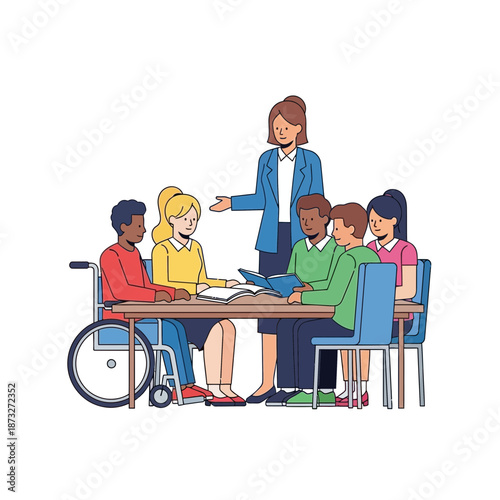 Diverse group of people learning together around a table.