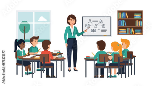 Teacher instructing students at desks in a classroom.