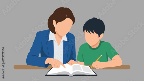 Woman helps boy with book and writing at table.