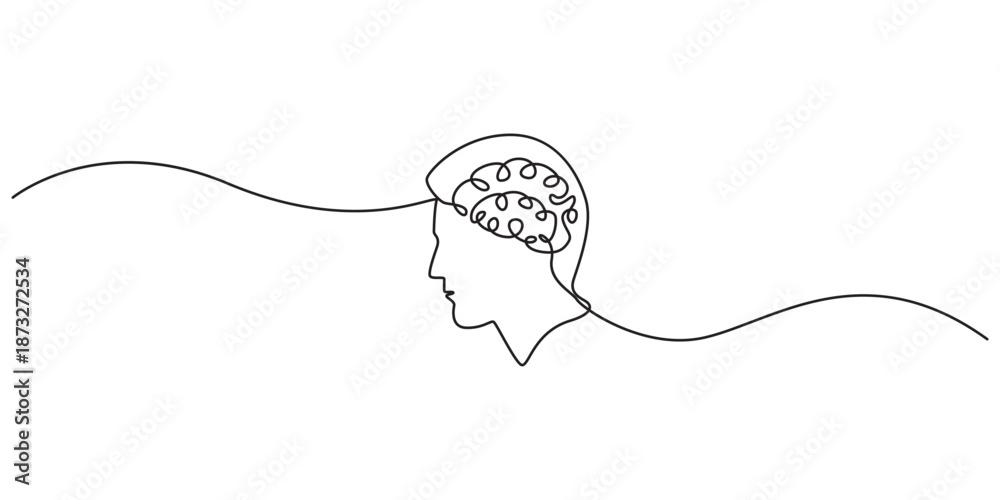 Obraz premium Continuous one-line drawing of a human head with a brain. Symbol of mental thinking in a simple linear style. Concept of psychology, learning. Vector editable illustration .