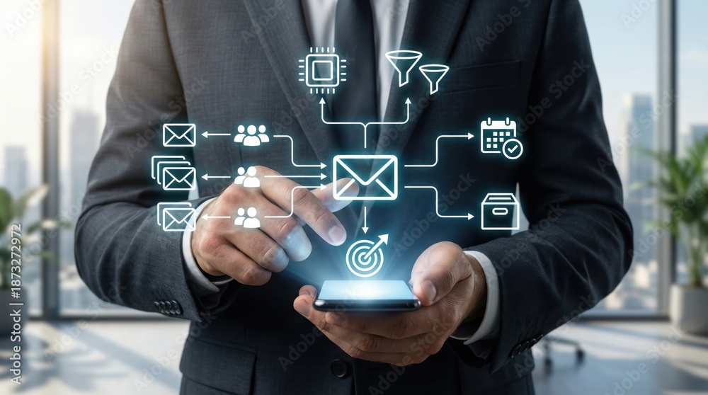 © James - Mobile email marketing automation concept,businessman using smartphone with digital icons showing communication,calendar,targeting and contact management