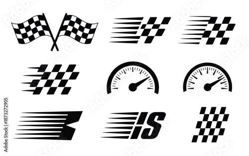 Dynamic collection of racing symbols, speed indicators, and checkered flag designs representing automotive sports and rapid movement concept