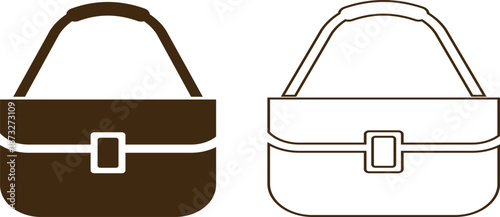 Women handbag icons set collection with purse bag tote clutch shoulder styles in flat and line design, fashion accessory outline illustration group for shopping retail UI branding