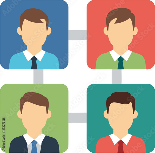 Four stylized male avatars connected by lines, representing a network or team structure.