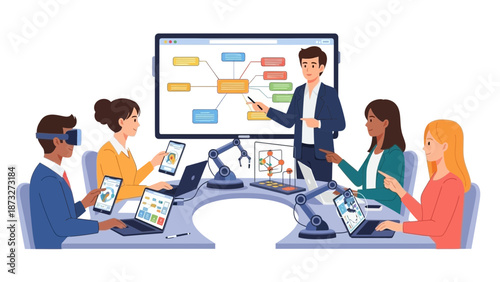 Diverse group learning from presentation on digital devices.