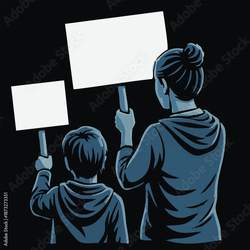 Vector illustration of woman and child protesters holding blank signs, banner on a protest demostration or picket. People against violence, pollution, descrimination, human rights violation.