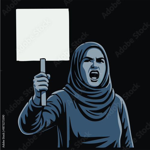 Vector illustration of female protester holding a blank sign, banner and placards on a protest demostration or picket. People against violence, pollution, descrimination, human rights violation.